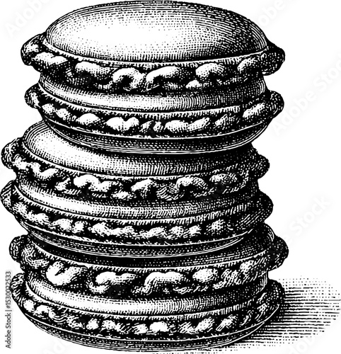 Vintage dotwork tattoo art of macaron stack with textured shells
