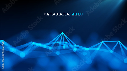 Futuristic background with blue polygon glowing elements. Digital network technology and data flow design. Minimalist tech. Vector illustration.