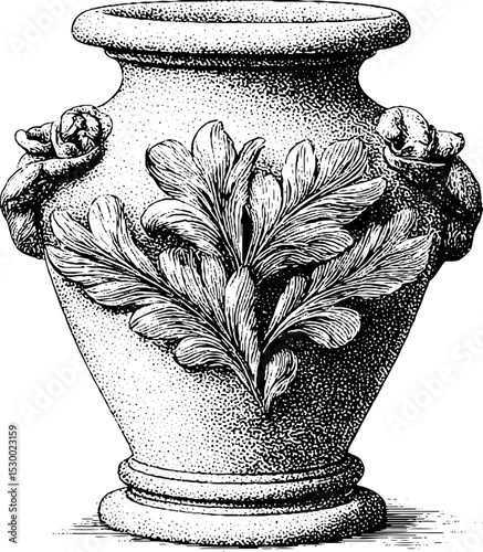 Intricate marble urn with carved floral relief in dotwork tattoo style