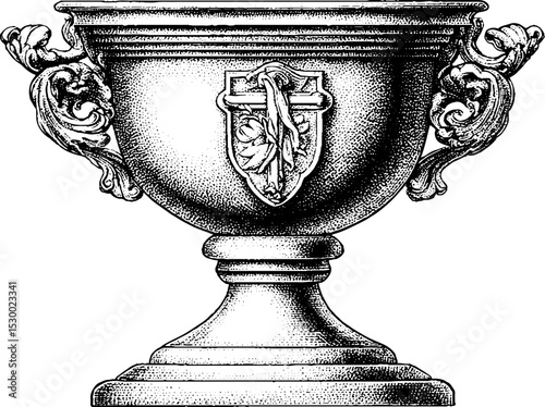 Intricately engraved medieval chalice with religious iconography for historic design use