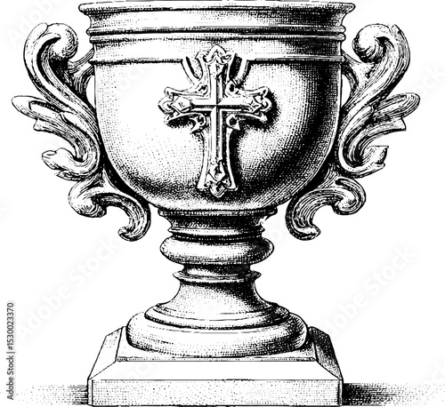 Intricately engraved medieval chalice with religious iconography design for historical studies and art projects