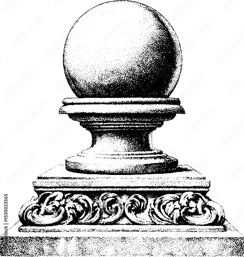 Elegant metal garden orb on ornate stone pedestal for outdoor decor and design