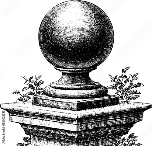 Ornamental metal garden orb on stone pedestal - elegant outdoor design element