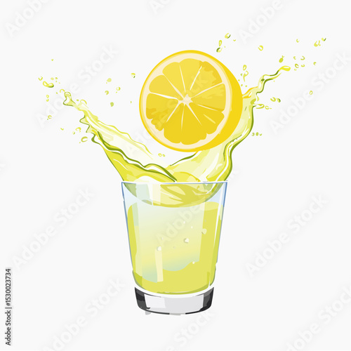 A glass of lemon water bursting upward with clarity and motion over a chalk white background.