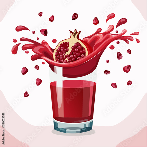 A glass of pomegranate juice splashing upward in a bold wave against a deep red background.