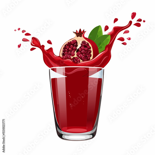 A glass of pomegranate juice splashing upward in a bold wave against a deep red background.