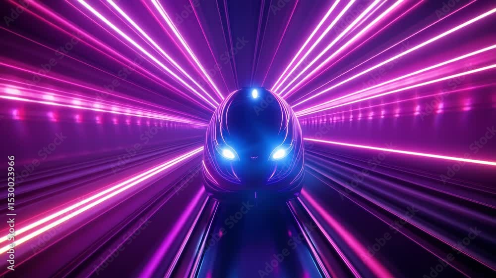 Futuristic spaceship flying through a neon light tunnel with high speed motion blur
