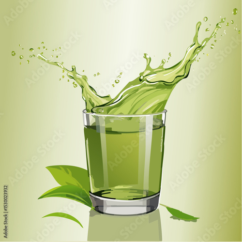 Green tea splashing upward with natural movement over a calm muted sage background.