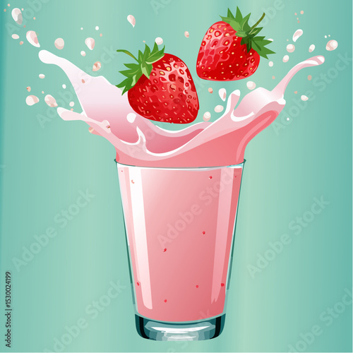 A thick strawberry milkshake splashes upward with sweetness on a soft teal background.