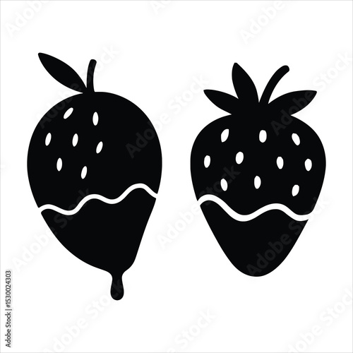 Black and white illustration of two chocolate covered strawberries on a white background