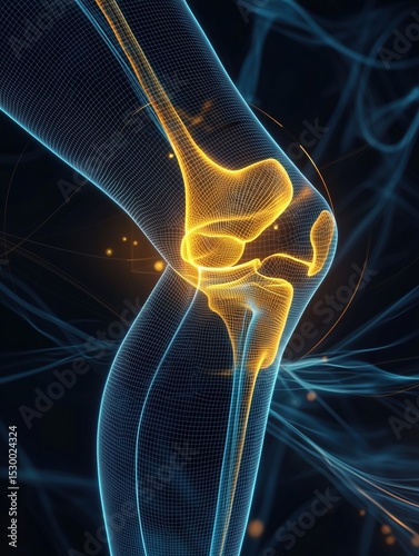 A close-up graphic design of a human knee with an X-ray effect, highlighting the glowing bone structure and surrounding neural network.