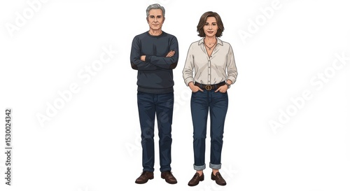 Illustration of a man with arms crossed and a woman standing side by side on a white background