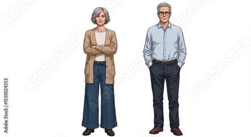 Illustration of a stylish older woman with a man on a white background in casual outfits