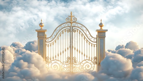 Golden ornate gates stand amidst fluffy white clouds against a bright blue sky view