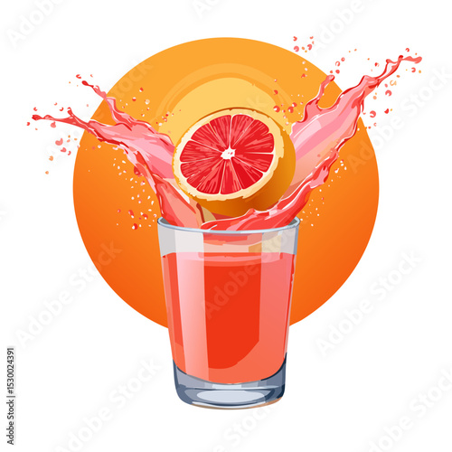 Juicy grapefruit juice surges upward in a colorful splash over a sunset orange background.