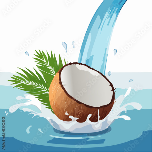 Coconut water splashes high in a refreshing wave over a tropical aqua background.