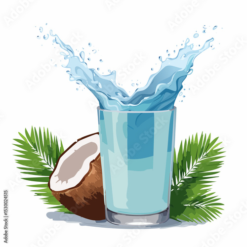 Coconut water splashes high in a refreshing wave over a tropical aqua background.