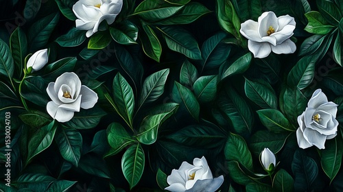 A serene composition of white magnolias nestled among lush green leaves in a dark and moody setting