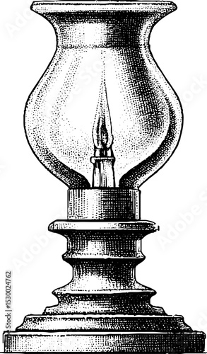 Vintage oil lamp with glass chimney and brass base dotwork design