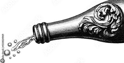 Artful representation of open ginger ale bottle with fizz and bubbles in dotwork style
