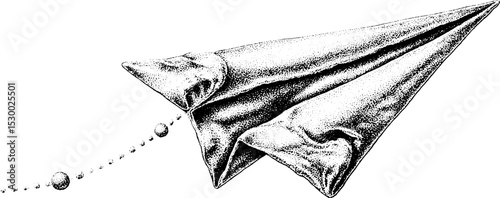 Paper airplane with dotted trajectory line dotwork design for creative projects