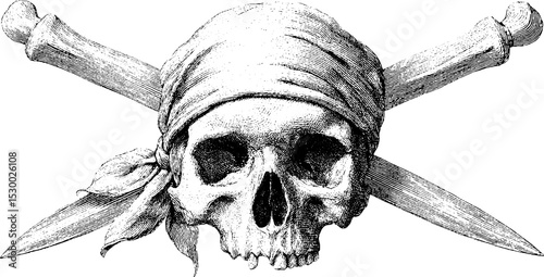 Pirate skull with bandana and crossed cutlasses emblem for nautical themes