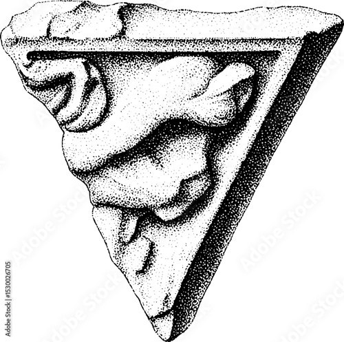 Prehistoric pottery shard with abstract incised patterns traced for archaeological study and ancient art design