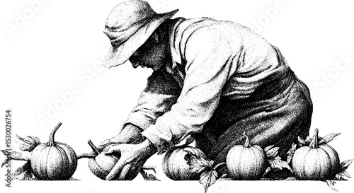 Farmer harvesting pumpkins in a patch for autumn harvest and thanksgiving