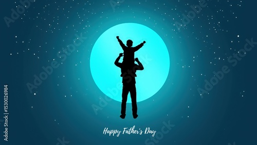 Happy father's day banner with Silhouette son is riding his father is neck at blue full moon night time vector design