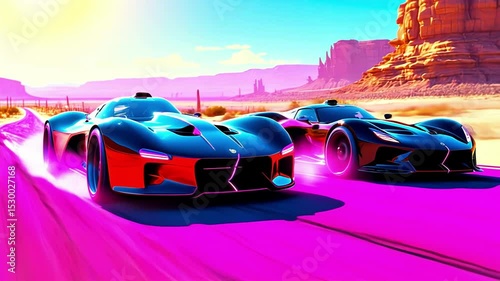 Two super-stylish new racing cars race along the sunny desert highway in the desert, clouds of dust, dynamics and sparks, power and excitement