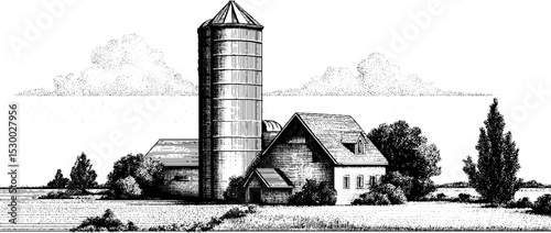 Rustic silo and barn in open field with minimalist design for countryside tranquility