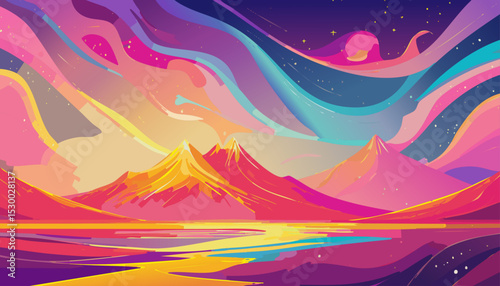Colorful vibrant landscape with mountains and water under a swirling sky