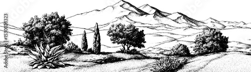 Scenic desert farm with sparse crops and distant mountains for nature art design