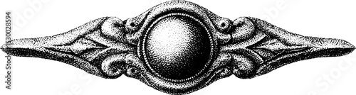 Ornate silver belt buckle design with turquoise cabochon and dotwork detailing