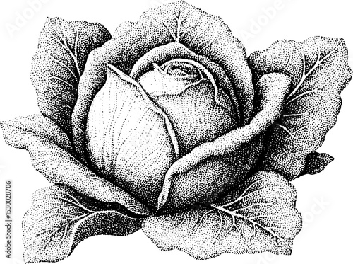 Intricate dotwork tattoo design of a single cabbage head with detailed texture
