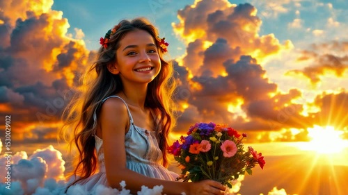 Cute happy and dreamy girl with bouquet of flowers in clouds in sunset rays