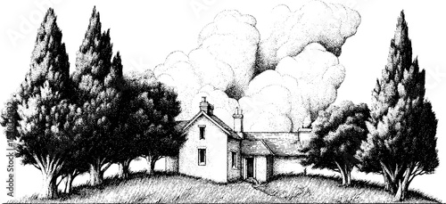 Tranquil rural scene with smoke rising from farmhouse chimney at dusk
