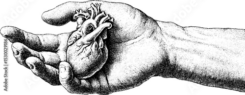 Intricate dotwork art of an open hand holding a heart symbolizing care and compassion
