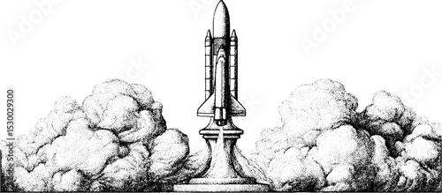 Space rocket launch with detailed flames and smoke on launchpad