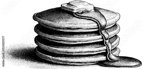 Delicious breakfast stack of pancakes with butter and syrup cascade