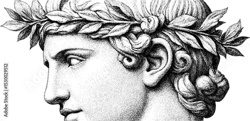 Classical greek sculpture of apollo with lyre and laurel wreath