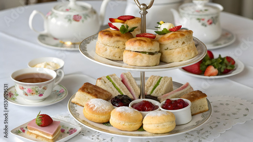 An elegant afternoon tea spread arranged on a tiered silver stand, showcasing golden-brown scones with a perfectly crisp exterior and fluffy, buttery interior