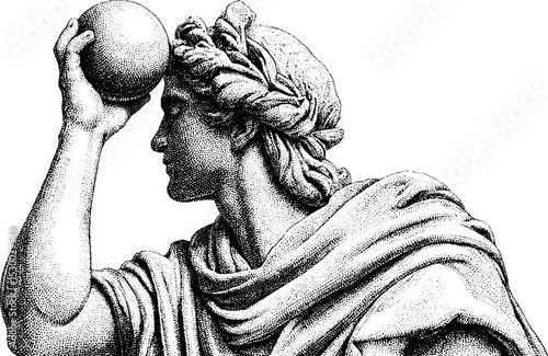 Atlas holding celestial sphere in dotwork art – mythology and strength theme design