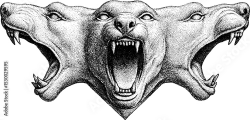 Mythical cerberus statue depicting three-headed snarling dog in detailed art design