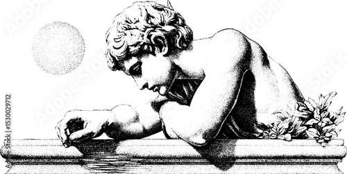 Mythological narcissus statue gazing into reflective pool with floral detail