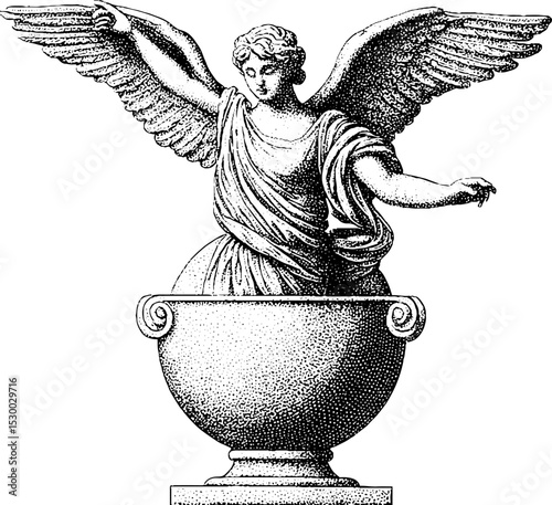 Classical statue of nike with outstretched wings on decorative pedestal for art and design
