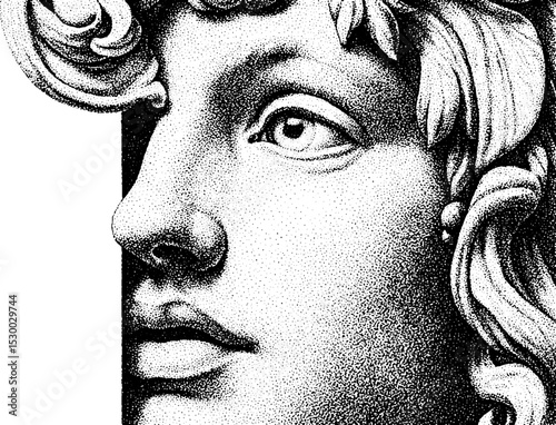 Persephone emerging from underworld gate statue art design in monochrome dot style