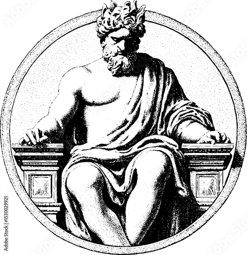 Mythical zeus on throne with thunderbolt concept art for classical design