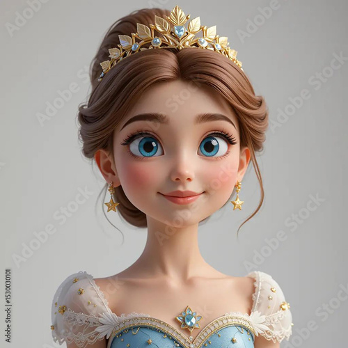Girl With Big Blue Eyes Wearing Gold Tiara Adorned With Blue Gems And She Smiles Softly, Dressed In An Elegant Gown.eps