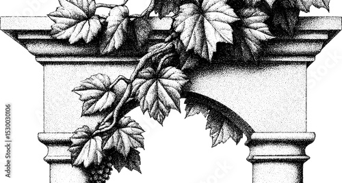 Dotwork tattoo design of stone archway draped in ivy tendrils for artistic inspiration